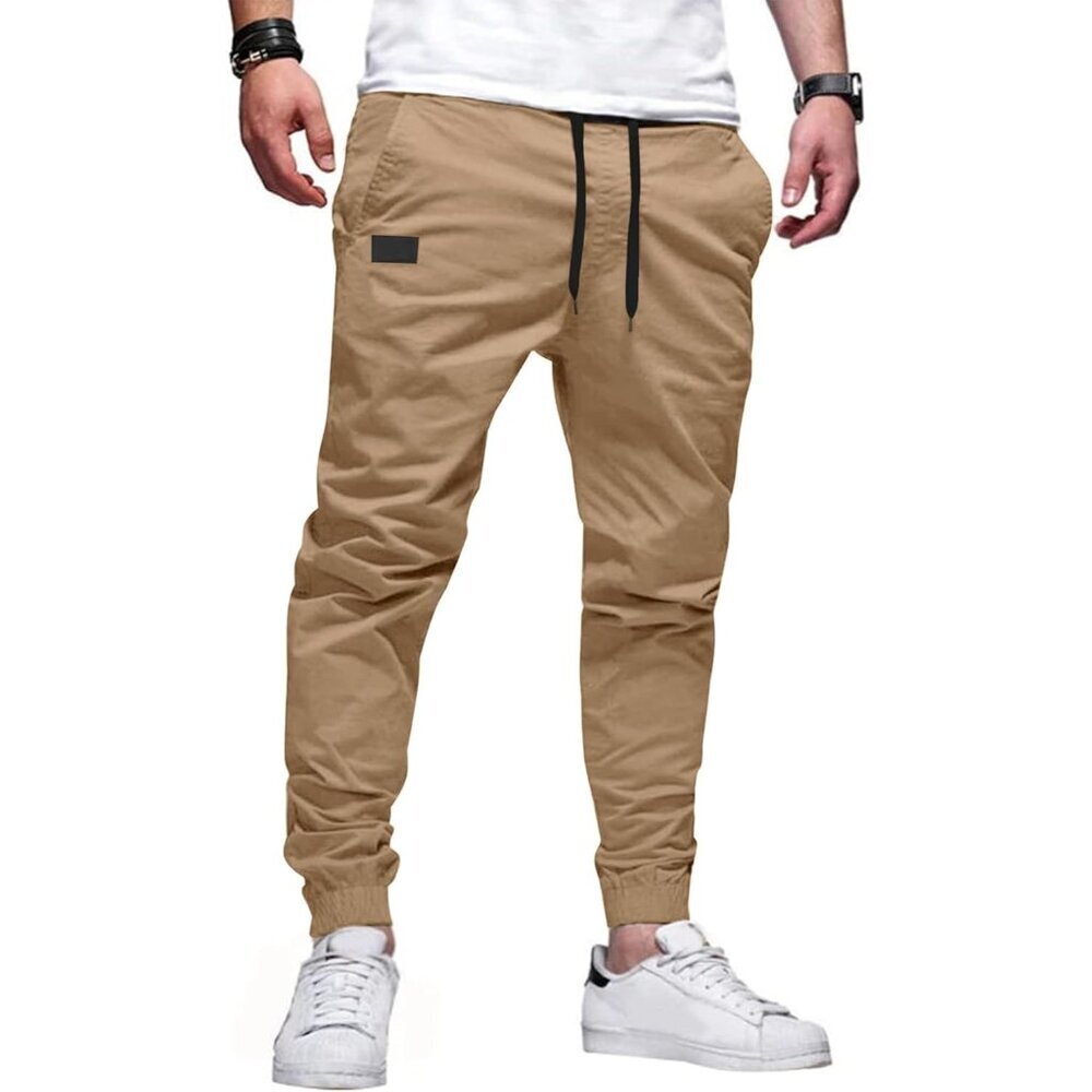 Mens Casual Cargo Joggers - Cotton Drawstring Chino Pants Hiking Outdoor Twill T